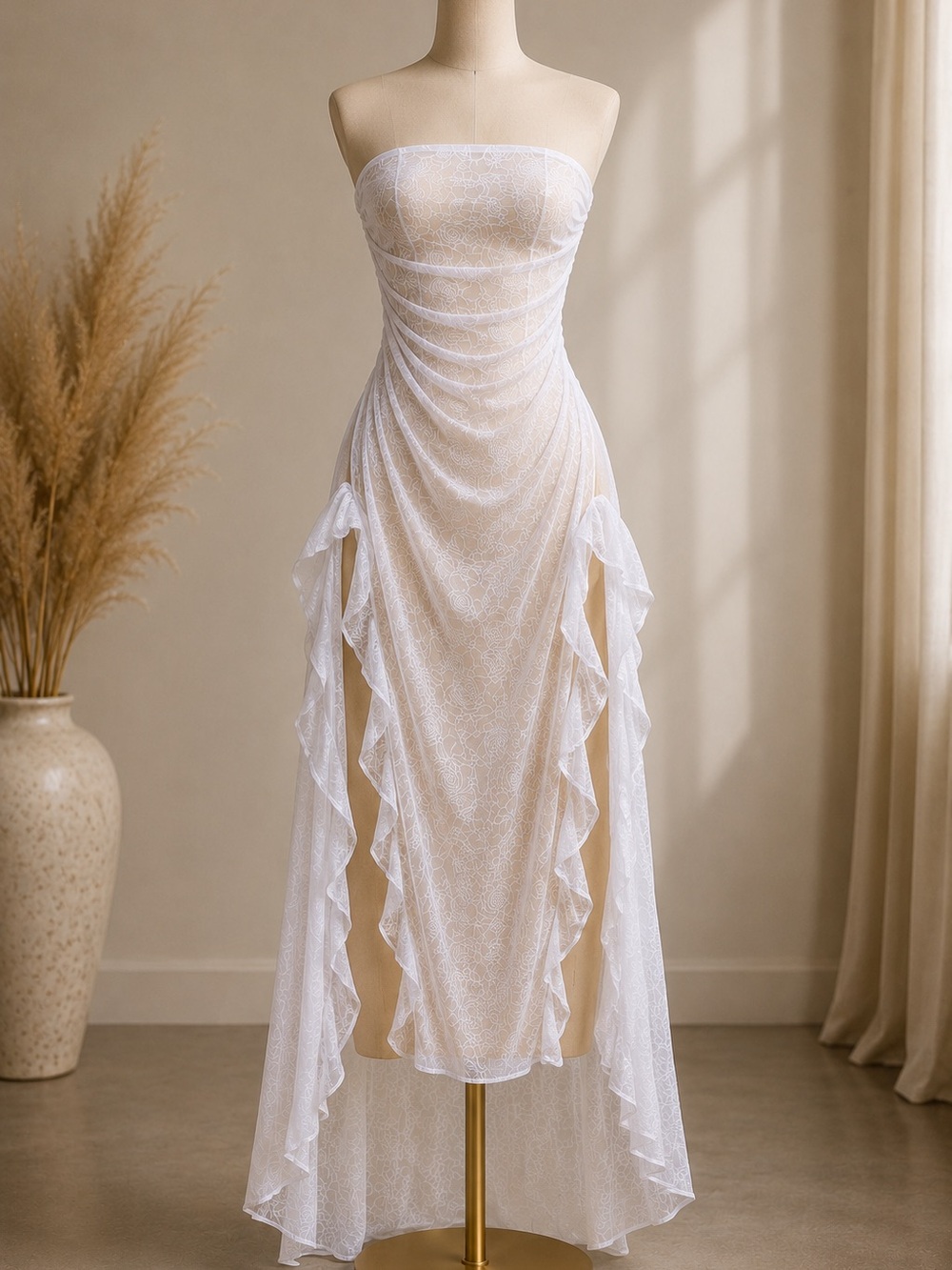 Strapless White Ruffle-Detail Maxi Dress